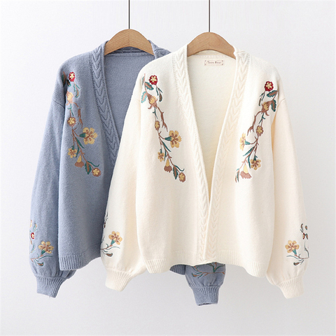 Gagaok Women Knitted Fashion Cardigan Spring Autumn V-Neck Lantern Sleeve Embroidery Floral Thick Loose Harajuku Female Sweater ► Photo 1/6