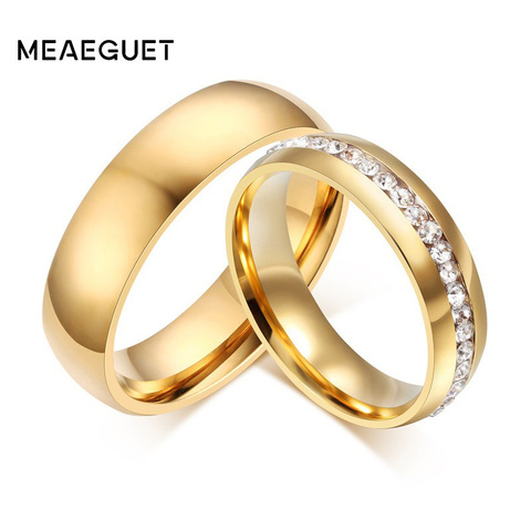 Meaeguet Gold color Stainless Steel Wedding Bands Shiny Crystal Ring for Female Male Jewelry 6mm Engagement Ring USA Size 5-13 ► Photo 1/6