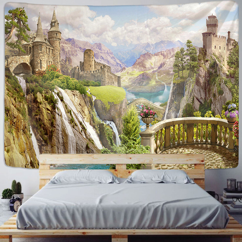 Balcony City Castle Hill Green Plant Landscape Printing Tapestry  Cheap Hippie Wall Hanging Bohemian Wall Tapestries ► Photo 1/6
