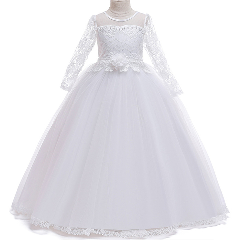 4-15Yrs Kids Girls Long White Baptism Lace Flower Party Ball Gown Prom Dresses Kids Girl Princess Wedding Kids Communion Dress ► Photo 1/6