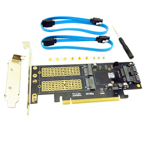 3 in 1 NGFF and mSATA SSD Adapter Card M.2 NVME to PCIe 16X/M.2 SATA SSD to SATA III/mSATA to SATA Converter+2 SATA Cable Raiser ► Photo 1/6