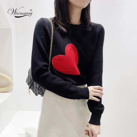 Wholesale Women Knit Sweater Embroidery Red Heart O-Neck Simple Style Fall Winter Warm Slim Pullover Harajuku C-051-1 ► Photo 1/6