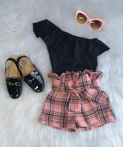 2022 Fashion Toddler Baby Girls Clothes Kids Summer One Shoulder Ruffles T Shirts Tops Plaid Print Bow Shorts Outfit Sets 2-7Y ► Photo 1/6