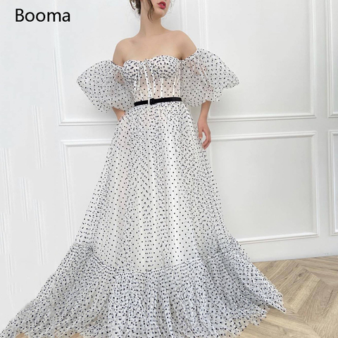Polka Dots Tulle Prom Dresses Sweetheart Off the Shoulder Puff Sleeves Party Dresses Velvet Belt A-Line Long Formal Gowns ► Photo 1/6