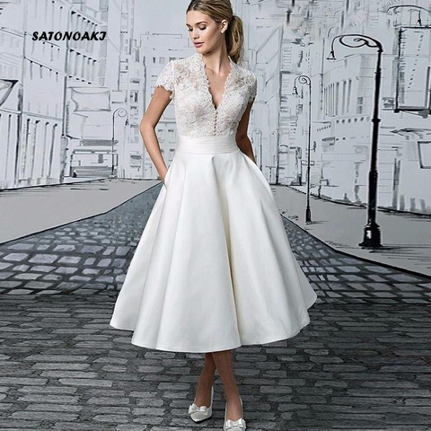 2022 Vintage Lace Satin Short Wedding Dresses for Women Corto