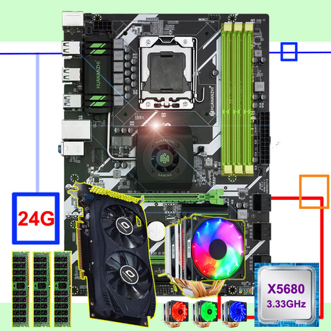 New arrival HUANANZHI X58 deluxe motherboard bundle CPU Xeon X5680 6 heatpipes cooler RAM 24G(3*8G) RECC video card GTX750TI 2G ► Photo 1/6