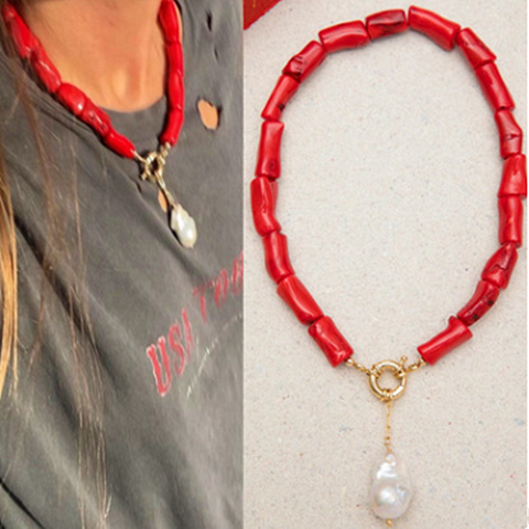 Baroque natural freshwater pearl pendant necklace red coral women short necklace bohemian fashion jewelry 2022 friendship choker ► Photo 1/4