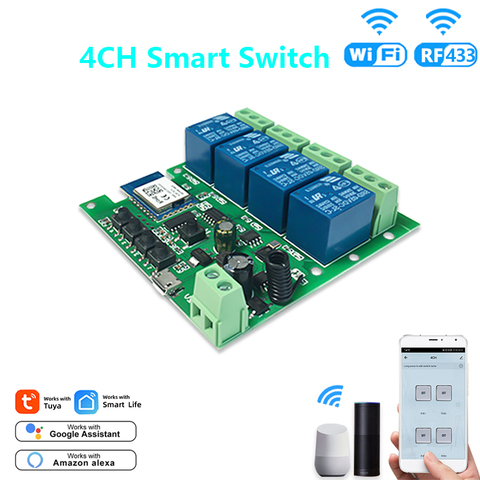 Wifi Smart Light Switch,Wifi Module,4CH DC5/12/32V,RF433 Receive 10A Relays Work with Alexa Google Assistant&Tuya Smart Life APP ► Photo 1/6