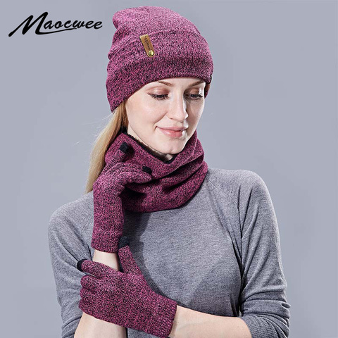 Winter Beanie Hat Scarf Set For Women Men Knitted Outdoor Warm Scarf Hat Touch Screen Gloves Sets Skullies Beanies Hat Scarf Set ► Photo 1/6