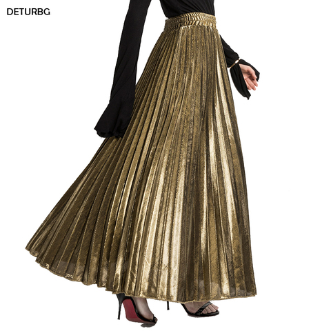 2022 Spring Metallic Pleated Maxi Skirt High Waist Harajuku Large Swing Gold Long Skirts For Women Plus Size XXL Saias SK275 ► Photo 1/6