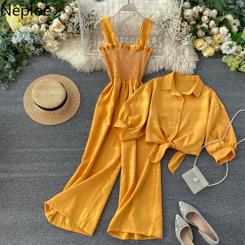 Neploe Summer Holiday 2 Pcs Women Set Sexy Slim Waist Pleat Design Wide Leg Jumpsuit + Turn Down Collar Short Sleeve Shirt Suit ► Photo 1/6