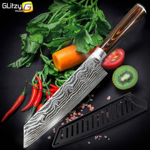 Kitchen knife 7.5 inch 7CR17 440C Chef knives Stainless Steel Imitation Damascus Meat Cleaver Slicer Santoku 4 Pieces Tool Set ► Photo 1/6