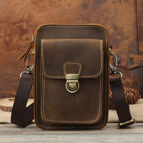 Men Genuine Leather Waist Packs Male Vintage Crazy Horse Leather Hip Bum Belt Bag Men's Travel Phone Pouch Fanny Shoulder Bag ► Photo 1/6