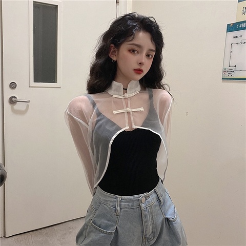 Chinese Style Clothing Women Fashion 2022 Mesh Transparent Tang Suit White See Through Asymmetric Shirt Cheongsam Top 10464 ► Photo 1/6