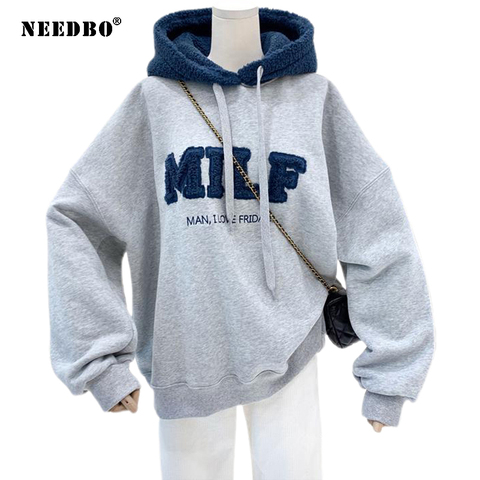 NEEDBO MILF Hoodies Women's Sweatshirts Letter Print Lamb Wool Pullovers Loose Korean Style Jacket Full Sleeve Casual Tops 2022 ► Photo 1/6