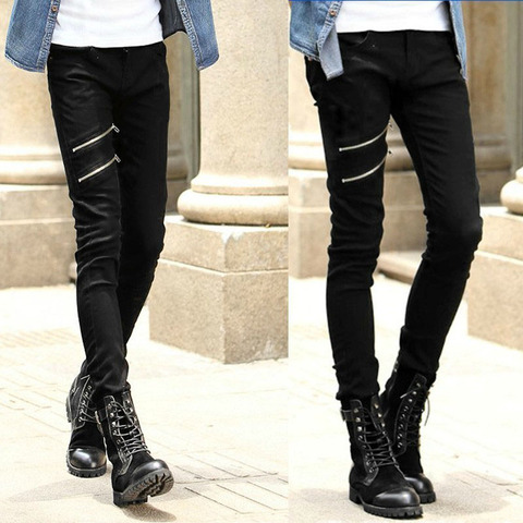 Wholesale 2022 Fashion Summer thin Double zipper skinny teenagers boys black show thin hip hop streetwear Pencil jeans men 28-34 ► Photo 1/6