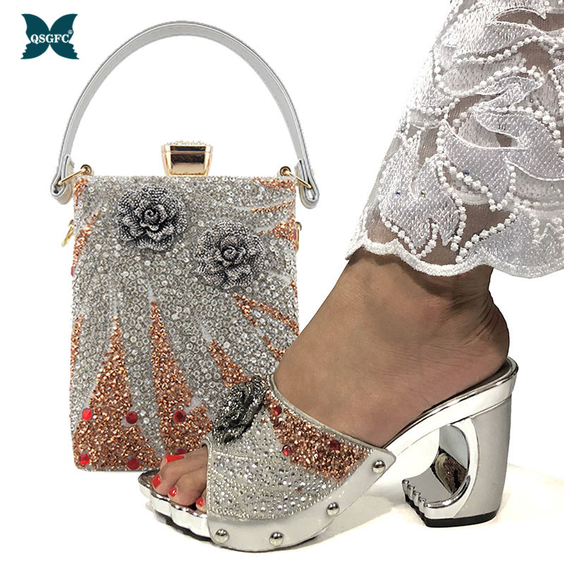 2022 New Arrival Fashionable Italian Shoes and Bag Sets Silver