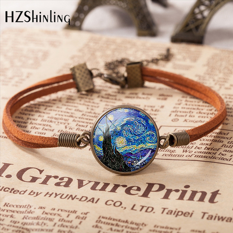 2022 Hot Sell Van Gogh Almond Branch in Bloom Art Pendant Leather Bracelet Famous Painting Glass Cabochon Accessories ► Photo 1/6