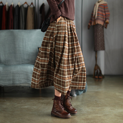 Women Skirt Autumn Winter Retro Loose All-match Tops Ladies New Elastic Waist pocket Plaid Casual Skirt ► Photo 1/5