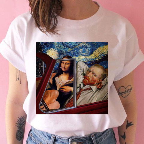 mona lisa van gogh t shirt women funny grunge tshirt spoof personality harajuku 90s female ulzzang t-shirt top tee ► Photo 1/6