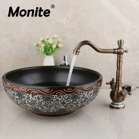 Monite Black Ceramic Wash Basin Faucet Set Bathroom Ceramic Round Sink Bacia Antique Brass Deck Mounted Tap Mixer Faucet ► Photo 1/6