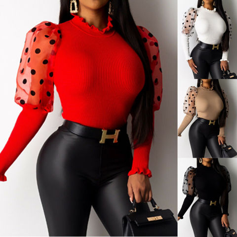 Ladies Women Fashion Casual Sexy Elegant Long Sleeve Turtleneck Mesh Polka Dot Lantern Sleeve Slim Skinny Blouses Shirts Tops ► Photo 1/6