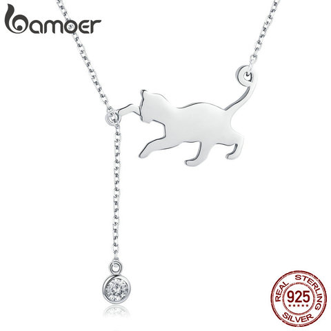 BAMOER Fashion Genuine 925 Sterling Silver Cute Pet Pussy Cat Chain Pendant Necklace for Women Sterling Silver Jewelry SCN232 ► Photo 1/6