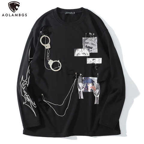 Aolamegs Comics Anime Manga Illustration Hook And Loop Fastener Chain Design Thin Sweatshirt Streetwear Men High Street Pullover ► Photo 1/6