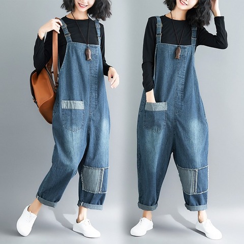 Helisopus Women Plus Size Loose Overalls Denim Fabric Patch Wide Leg Casual Jeans Women Overalls Female Rompers Jumpsuit ► Photo 1/6