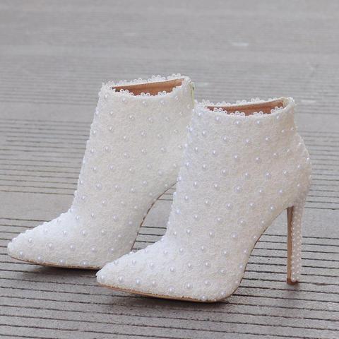 Leather Boots Women High Heel Ankle Boots Pointed Toe Pearl Lace Wedding Shoes Spring Autumn Pearl Heel White Short Boots ► Photo 1/6