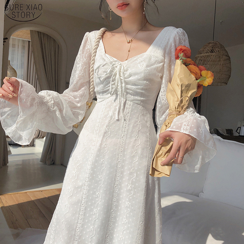 2022 Vintage Fairy Chiffon Long Dress Women Elegant French Party Midi Dress Puff Sleeve V Neck Casual Women's Clothing 14278 ► Photo 1/6