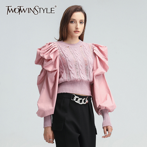 TWOTWINSTYLE Hole Patchwork Sweater For Women O Neck Puff Sleeve Casual Pink Sweaters Female 2022 Fall Fashion New Clothing Tide ► Photo 1/6