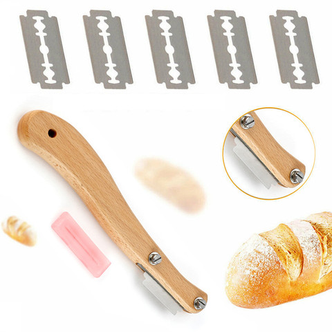 Bread Arc Curved Knife Bread Slashing Tool Baguette Cutting French Toast Cutter 5 Blades Bakery Tool Bread Lame with Wood Handle ► Photo 1/6