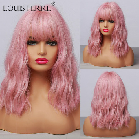 LOUIS FERRE Short Bob Purple Pink Wig for Women Pastel Wavy Wig With Air Bangs Medium Curly Wavy Cosplay Synthetic Colorful Wig ► Photo 1/6