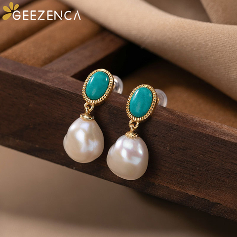 925 Sterling Silver Baroque Pearl Turquoise Gold-plated Jewelry Sets Stud Earring Pendant Ring Simple Trendy Fine Jewelry Women ► Photo 1/6