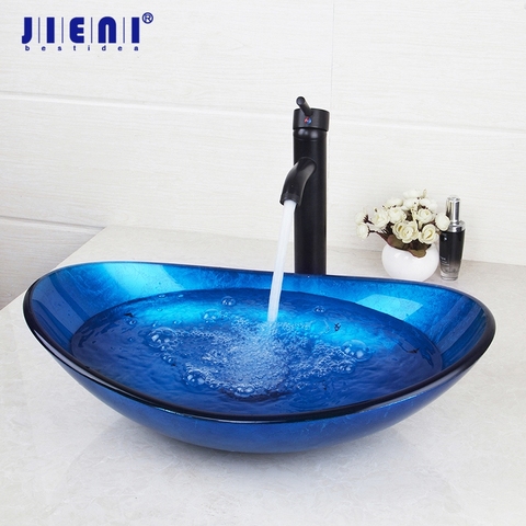 JIENI Art Basin Blue Hand-Paint Bathroom Glass Basin Vanity ORB Faucets Bathroom Tap Mixer Round Sink Faucet Bath Set ► Photo 1/6