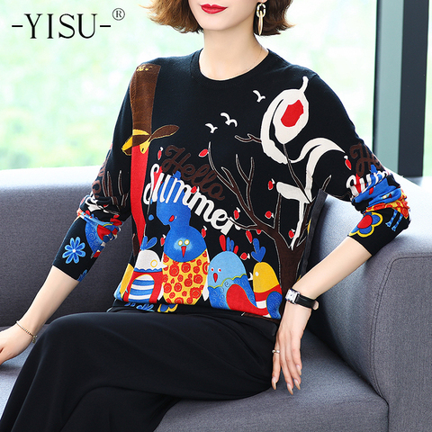 YISU Autumn Winter Cartoon Print Sweater women fashion O-neck sweater loose pullover women Long Sleeve Plus Size knitted sweater ► Photo 1/6