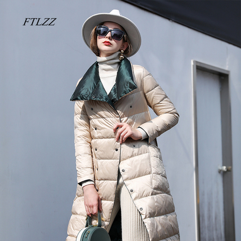 FTLZZ Women Double Sided Down Long Jacket Double Breasted Snow Outwear Warm Parka Stand Collar Lapel 90% White Duck Down Coat ► Photo 1/6