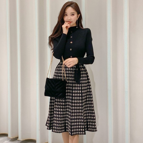 ZAWFL 2022 Autumn Korean Elegant Knitted Plaid Patchwork Women Dress Long Sleeve O-neck Lace-up Bow Pleated Midi Dresses Vestido ► Photo 1/6