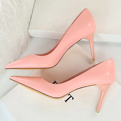 2022 Sweet Women 7.5cm High Heel Soft Leather Party Pumps Scarpins Female Yellow Pink Blue Heels Wedding Shoes Stiletto Big Size ► Photo 1/6