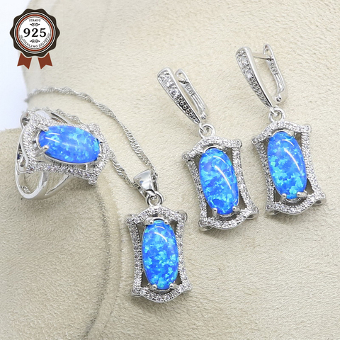 95%off Silver 925 Blue Opal Bridal Jewelry Sets For Women Necklace Earrings Pendants Ring Sets For Birthdays Gift ► Photo 1/6