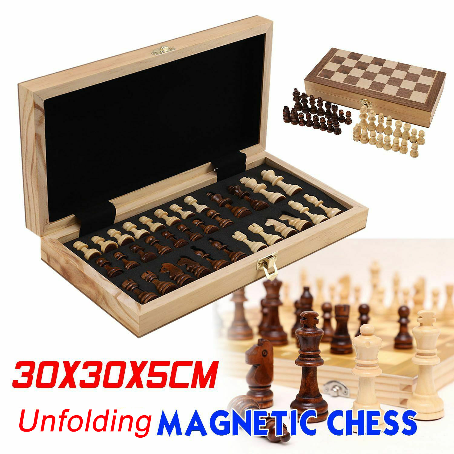 Large Chess Wooden Set Folding Chessboard Pieces Wood Board 30CM.
