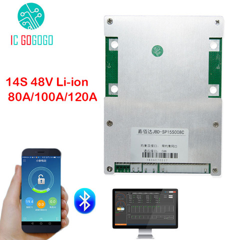 14S 48V Smart Li-ion ion Lithium 3.7V Battery Protection Board PC Phone Bluetooth APP 80A 100A 120A BMS Pack Balance CAN UART ► Photo 1/5