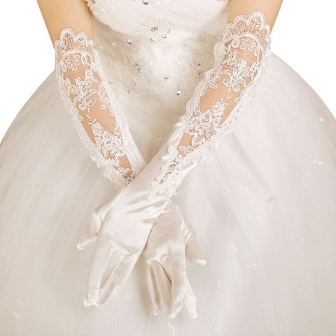 Wedding Bridal Banquet Long Gloves Hollow Embroidery Sequins Floral Lace Applique Elbow Length Full Finger Satin Mittens ► Photo 1/6