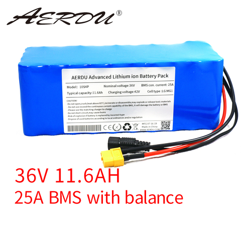 AERDU 36V 11.6Ah 10S4P 18650 Lithium  battery pack  for LG MG1 250w-750w ebike electric car bicycle motor scooter ► Photo 1/6