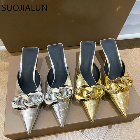 SUOJIALUN 2022 New Brand Women Slipper Fashion Gold Chain Sandal Shoes Ladies Pointed Toe Slip On Mules Thin Low Heel Slides ► Photo 1/6