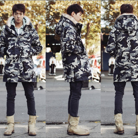 Boy Hooded Camouflage Coat Oversized Faux Fur Collar Thick Long Cotton Coat Men Camo Parka Winter Overcoat Male Couple Wear 5xl ► Photo 1/6