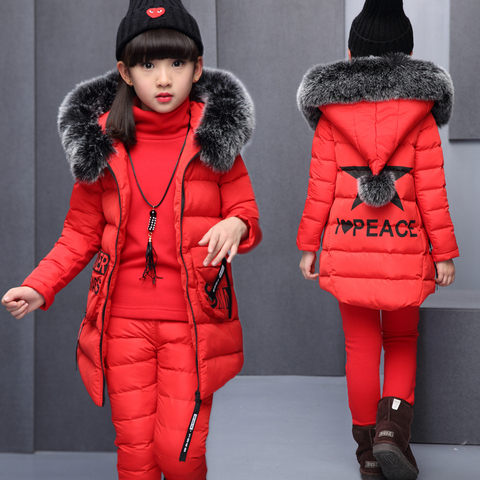 Girl winter 3 piece set jacket Clothing for Russia Winter Hooded Warm Vest Jacket+Warm Top Cotton Pants Coat with Fur Hood ► Photo 1/6