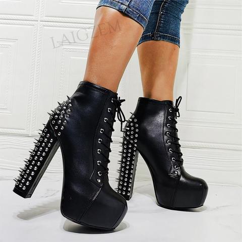 SEIIHEM Women Ankle Platform Boots Studded Chunky High Heels Short Booties Unisex Black Shoes Woman Large Size 36 42 44 50 52 ► Photo 1/6