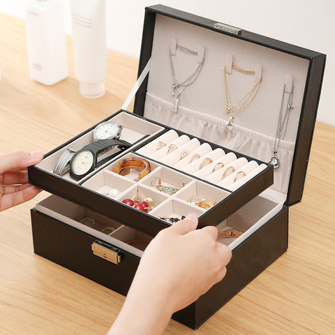 Lady PU Leather Jewelry Box Storage Box Earrings Bracelet Necklace Ring Display Case Double Layer Portable Jewelry Organizer ► Photo 1/6